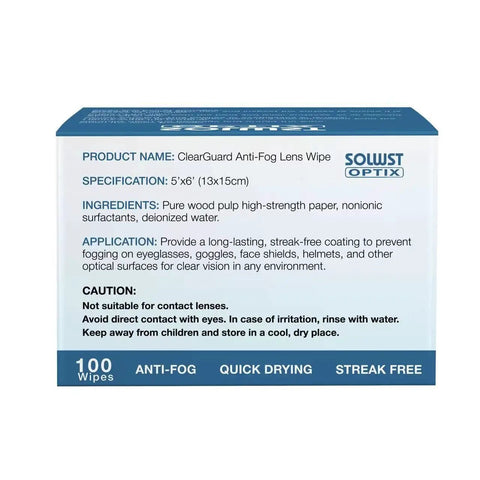 Clear Guard Anti Fog Lens Wipes For Glasses And Lenses 100 Pre Moistened box with details on size and ingredients