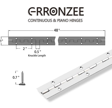 Diagram of 48 Inch Stainless Steel Piano Hinge Heavy Duty 0.04 Inch Leaf 0.5 Knuckle with screws and measurements.
