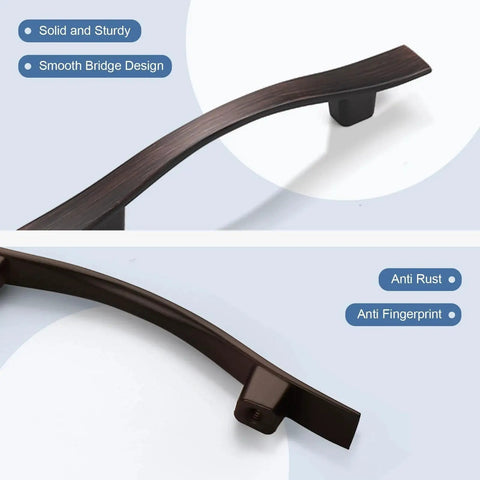 Close-up of oil rubbed bronze cabinet handle in a smooth bridge design from the 30 Pack Bridge Design Cabinet Handles.