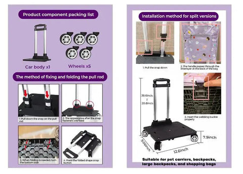 Instructions and parts list for Folding Five Wheel Luggage Cart With Adjustable Height In Three Positions Lightweight Heavy Duty Trolley.