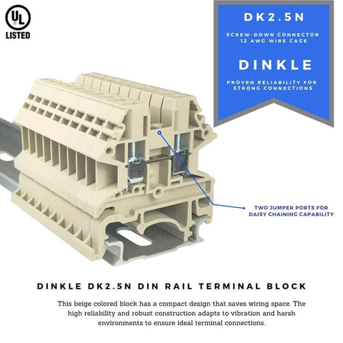 Din Rail Screw Type Terminal Block 12-22 AWG 20A UL 600V High Reliability Compact Block, shown with jumper ports for connections.
