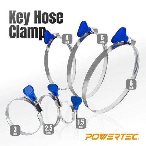 POWERTEC 1-1/2 in stainless steel hose clamps with blue thumb screws; adjustable clamps for dust collection, 5-pack.