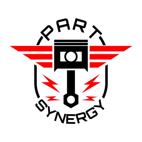 Logo of Part Synergy featuring a stylized piston with red wings and the text "Part Synergy" encircling it.
