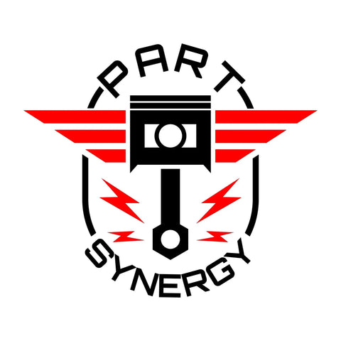 Logo of Part Synergy featuring red wings and piston design