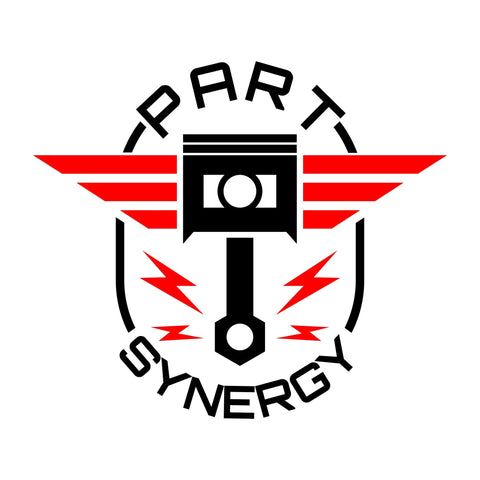 Illustration of a piston with red wings and the text 'PART SYNERGY' in bold lettering below.