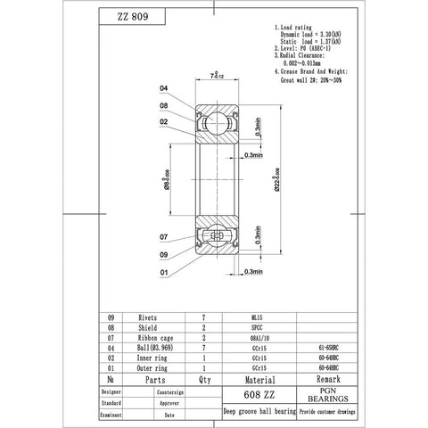 Technical drawing of 10-pack 608-ZZ bearings, chrome steel, 8x22x7mm, lubricated with metal shields