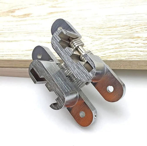 Stainless Steel Hidden Hinge Set for 180 Degree Folding Doors and Cabinets 2 Pack Concealed Cross Door Hinges, shown on wooden surface