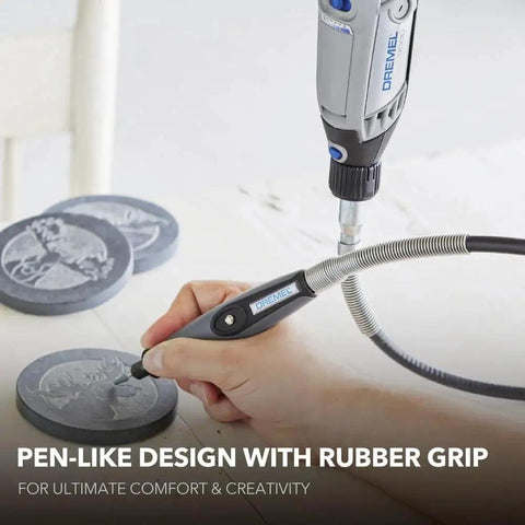 Person using Flex Shaft Rotary Tool Attachment With Comfort Grip And 36 Inch Cable For Precise Engraving Polishing Sanding Wood Carving And Jewelry Making Giving You Pro Grade Control By Dremel to engrave a design on stone.