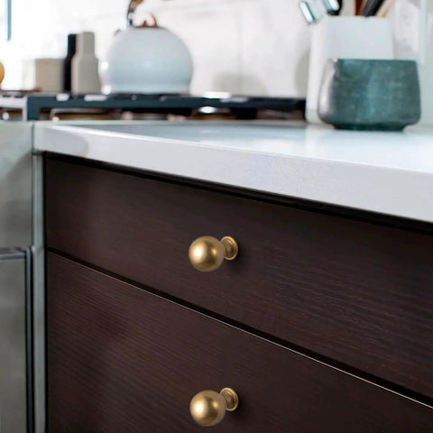 Installed Six Pack Zinc Alloy Drawer Knobs 0.94 Inch Diameter Champagne Bronze Cabinet Knobs In Modern Style on dark cabinet drawers