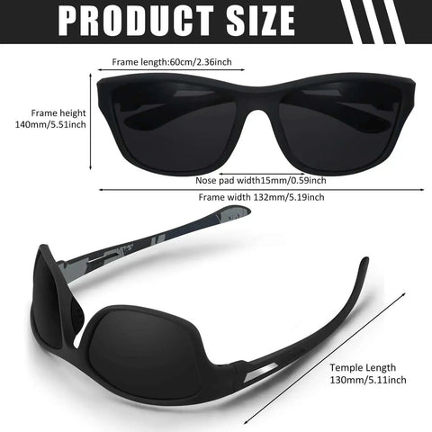4 Pack Men Polarized Shades With UV Protection For Driving Sports And Outdoor Activities Lightweight TAC Lenses And Durable PC Frame All Day Comfort In Cool Black with product dimensions and side view.