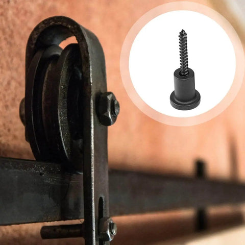 Barn Door Stopper Track Spacers 1 Set For Sliding Barn Door Hardware shown installed on track and close-up of a wall spacer.