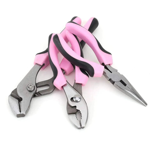 Three pink forged steel pliers from 220 piece Pink Tool Set For Women Home Repair Kit for DIY projects and everyday fixes.