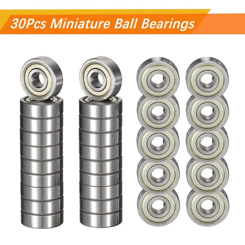 Miniature 623ZZ Ball Bearings Set, 30 Pieces, deep groove, double shielded, carbon steel, 3mm x 10mm x 4mm, stacked front view