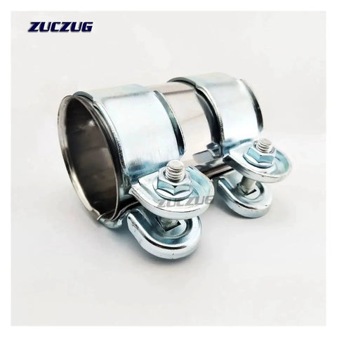 Front view of chrome exhaust pipe connector sleeve with two clamp bolts for 1.5–3.0 inch pipes, 95 mm long (ID 76 mm).
