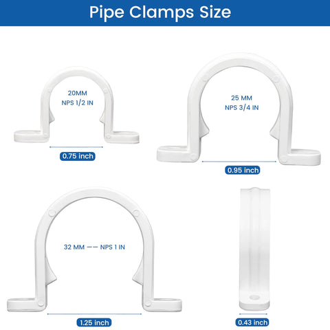 White plastic PVC conduit pipe strap clamps set of 20; two-hole clips in 20mm, 25mm, 32mm sizes (front and side views)