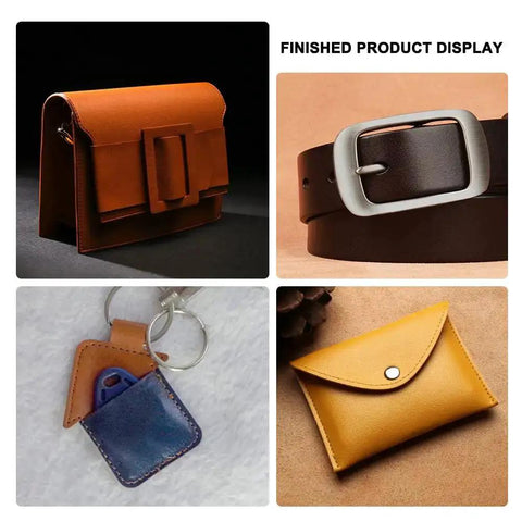 Finished leather crafts made using 52 Shapes Leather Hole Punch Tool Set With Cutter And Carving Hammer, including wallets and belts.