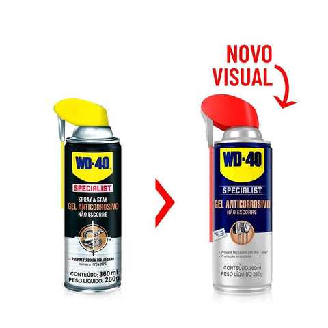 Comparison of old and new WD-40 Specialist gel lubricant cans with improved design and dual-spray functionality.