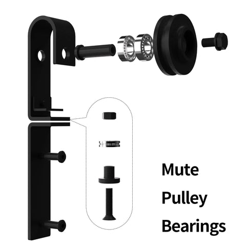 36 Inch Single Bifold Sliding Barn Door Hardware Kit for Closet Doors, detailed view of swivel wheels with mute pulley bearings