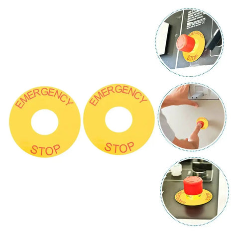 Emergency Stop Sign Decal Set For Machinery Safety Labels Bright Yellow With Red Text Heavy Duty Peel And Stick Adhesive
