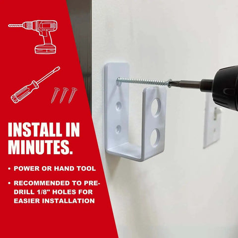 Heavy Duty Door Barricade Brackets 2 Pack Kick Proof Up To 700 Lbs being installed with a power drill on a wall