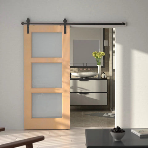 Orb Oil Rubbed Bronze Sliding Barn Door Hardware Kit with 6.6 Foot Track installed on a wooden door in a modern interior