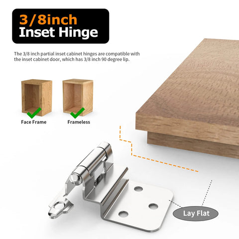 3/8 inch inset cabinet hinge, brushed nickel finish, self-closing flush mount for cabinets