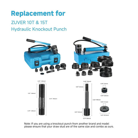Replacement parts for Zuver 10T & 15T hydraulic knockout punch with blue storage cases and multiple attachment sizes