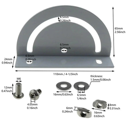 180 Degree Cross Joint Plate For 3030 Aluminum Extrusion Kit with Corner Bracket and Screws, shown with measurements and components.