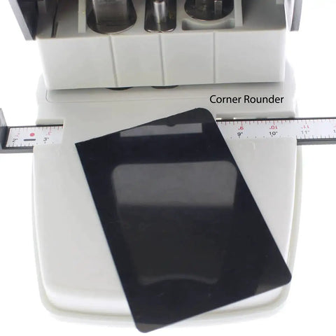 Three In One ID Card Hole Punch Tool For Name Badges With Round Hole Slot Hole And Corner Punches Plus An Adjustable Centering Guide shown
