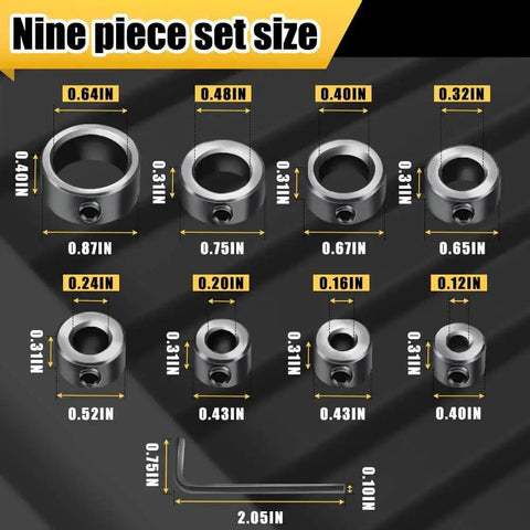 Depth Stop Drill Bit Set With Nine Pieces And Allen Wrench By Tiosamd, Pro Grade Premium High Carbon Steel Stop Collar Rings