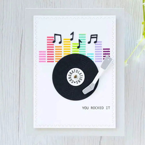 Music CD Style Clear Stamp And Die Set for card making and scrapbooking with vinyl record design and music notes
