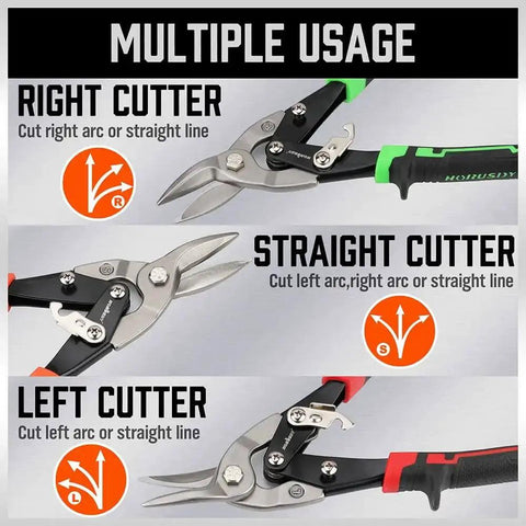 3 Pack 10 Inch Aviation Tin Snips Set for right, left, straight cuts; CR-V steel, safety lock, heat-treated jaws for sheet metal cutting.