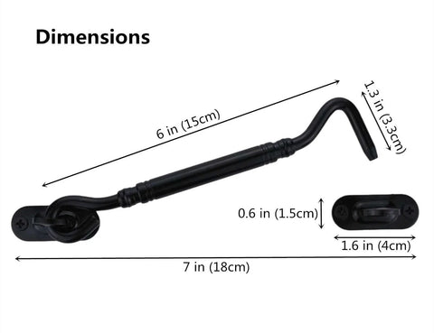 Heavy Duty 6 Inch Black Door Latch And Gate Latch With Rustic Cabin Hook And Eye Privacy Lock dimensions shown