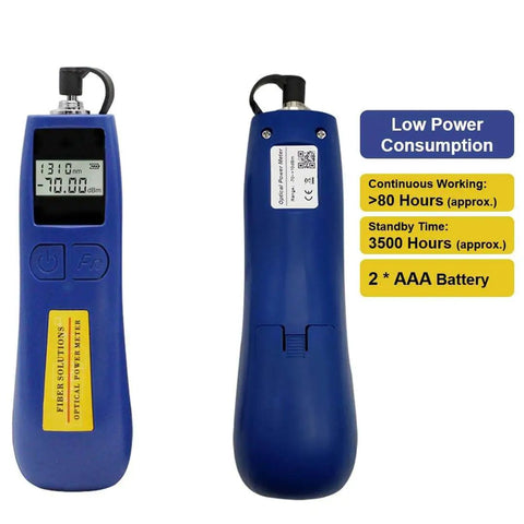 Fiber Optic Power Meter And Light Meter For Tech Pros Minus 70 To Plus 10 dBm 6 Calibrated Wavelengths, blue device dual view