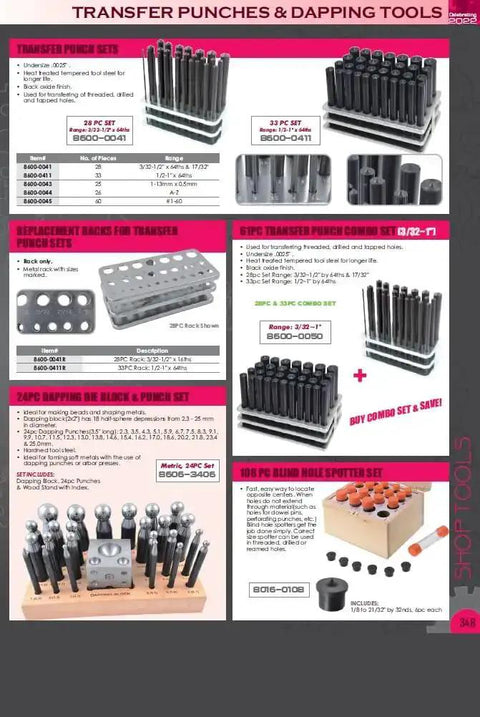 28 Piece Transfer Punch Set For Precise Hole Layout And Transfer, Ranging From 3/32 To 1/2 Inch By 64ths And 17/32 Inch, Undersize Tolerance.0025, Hardened Tool Steel, 4 7/8 Inch Length, Black Oxide Finish, Indexed Stand For Accurate Hole Transfer