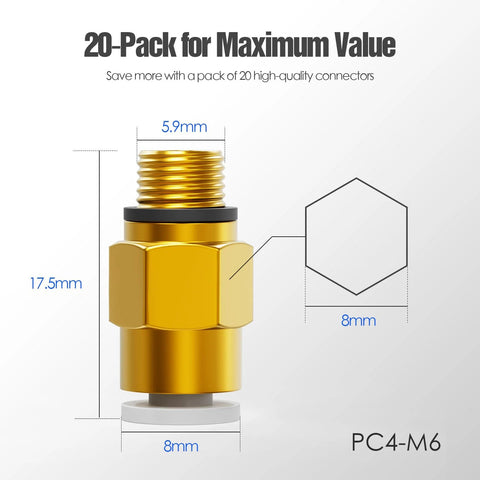 Gold PC4-M6 Bowden PTFE tube connector push-to-connect fitting with hex nut for 1.75mm filament (pack of 20)