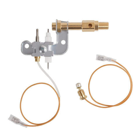 Pilot assembly for portable propane heater with brass valve, metal bracket, and copper tubing (two copper lines).