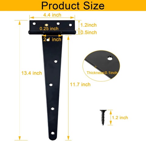 Heavy Duty 12 Inch T Strap Hinges 4 Pack With Screws Rustproof Metal for Shed Barn Gate Fence product dimension diagram