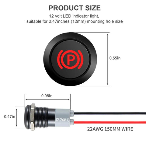 Product size diagram of 4 Pack Waterproof 12V 24V LED Indicator Lights For Vehicle Panel Mount Half Inch Cutout Metal Housing