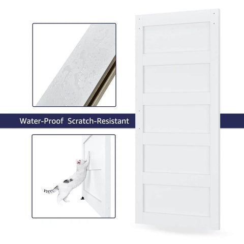 36x84 Inch Sliding Barn Door Kit With Hardware, Handle And Floor Guide, Waterproof PVC Surface, White 5-Panel Solid Slab