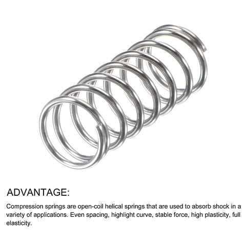Compression springs, 0.8x10 mm OD, 25 mm free length, 304 stainless steel, silver tone, set of 10
