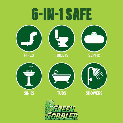 Infographic showing 6-in-1 safe use for pipes, toilets, septic, sinks, tubs, and showers with Green Gobbler logo.