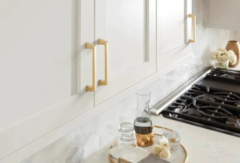 Champagne Bronze Transitional Cabinet Drawer Pull For Cabinets And Furniture With Five And One Sixteenth Inch Center To Center Mounting And Five Seven Eighths Inch Overall Length 1 Pack installed in kitchen