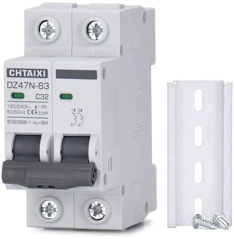 Front view of 32 Amp AC Miniature Circuit Breaker with 2 Pole DIN Rail Mount, Thermal Magnetic Trip, 120V 240V, shown with rail and screws.