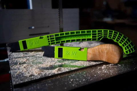 PushPRO PP1 Push Stick For Table Saws with EVA Tipped Push Block shown on a saw table, highlighting wood and green plastic materials.
