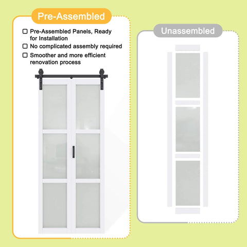 Space Saving Frosted Glass Bi Fold Barn Door With Paintable White Primed Surface 36 By 84 Inches Pre Assembled Solid Core Panel