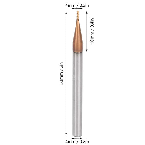 Front view of single cutter from Three Piece 4 Flute CNC End Mill Set For Woodworking And Precision Engraving Pro Grade Built From Ultra Fine Cemented Carbide With Micro Tungsten Steel Core For High Speed Machining 10mm Blade Length, showing dimensions.