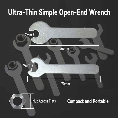 Ultra-thin open-end wrench set with 7mm and 9mm sizes, showing dimensions and compact design on black background.