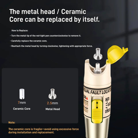 Visual Fault Locator VFL fiber optic tester with beige body and yellow cap; 7mm ceramic core, 2.5mm metal head