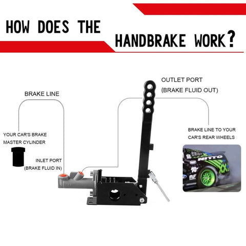 Diagram of Hydraulic Handbrake Adjustable Ebrake Long Lever Handle For Drift Track Rally Racing with master cylinder and brake line connections.